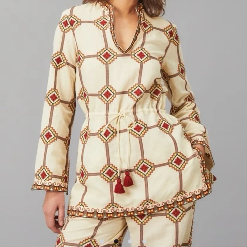 New Tory Burch Embroidered Linen And Cotton Tunic Blouse size 8